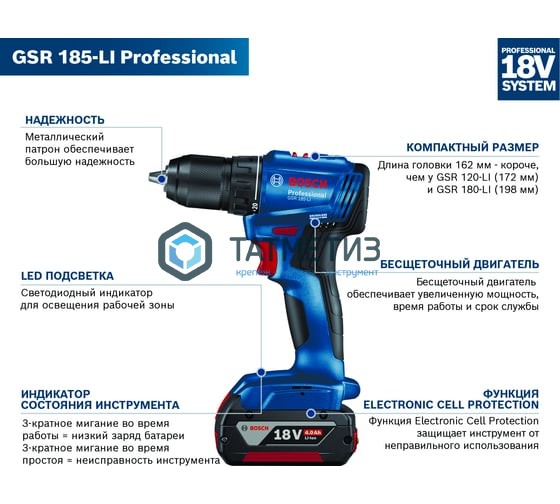 Дрель-шуруповерт аккумуляторная Bosch GSR 185-LI, 1x4.0 Ач, сумка Дрель-шуруповерт аккумуляторная Bosch GSR 185-LI, 1x4.0 Ач, сумка